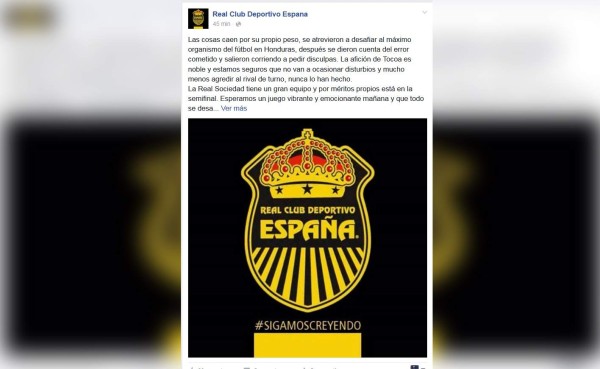 El polémico mensaje del Real España previo al juego ante Real Sociedad