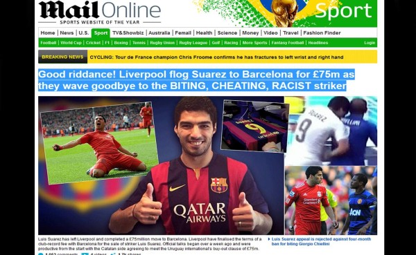 Daily Mail a Luis Suárez: 'Adiós al mordedor, tramposo y racista'