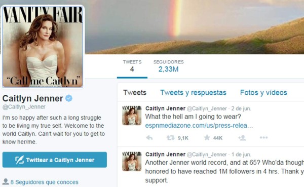 Caitlyn Jenner superó el millón de seguidores en Twitter en cuatro horas