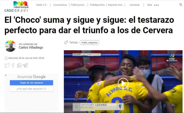 La prensa española se rinde al Choco Lozano tras su gol: 'Está dulce, acerca al Cádiz a Primera'