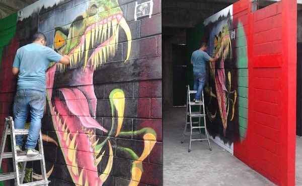 Aficionado de Marathón pinta mural en la entrada del Yankel