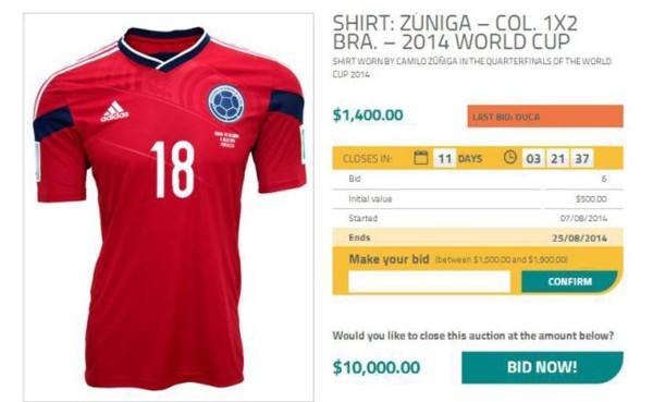 Subastan camiseta con la que colombiano lesionó a Neymar