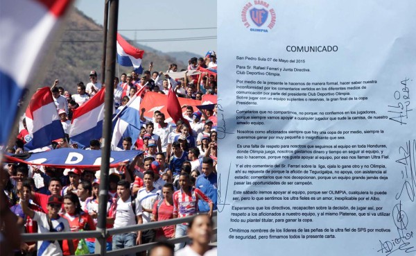 Barra Ultra Fiel de Olimpia expresa inconformidad por comentarios de Ferrari