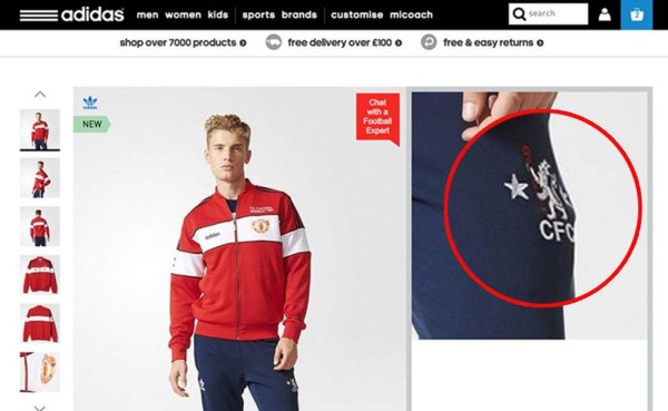 Insólito: Adidas vende indumentaria de Manchester United...con el escudo del Chelsea