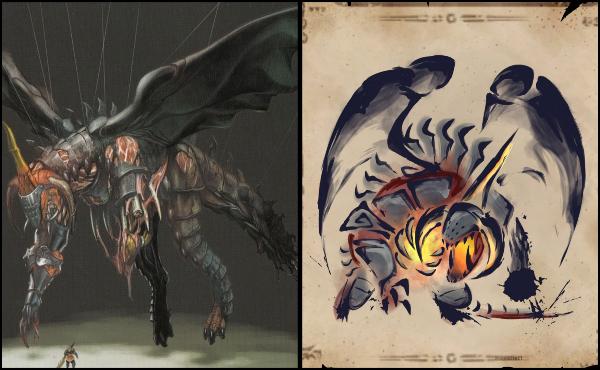 A la izquierda, la única imagen oficial del Arma Dracoequivalente. A la derecha, un genial fan art del usuario @coolaise21, del Arma Dracoequivalente al estilo de Monster Hunter: Rise.
