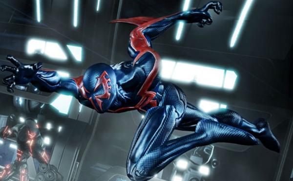 En el juego, Spider-Man 2099 luce su clásico traje azul con detalles rojos.