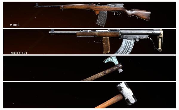 De arriba hacia abajo: M1916, Nikita AVT, Triturador de Skål y el mazo.