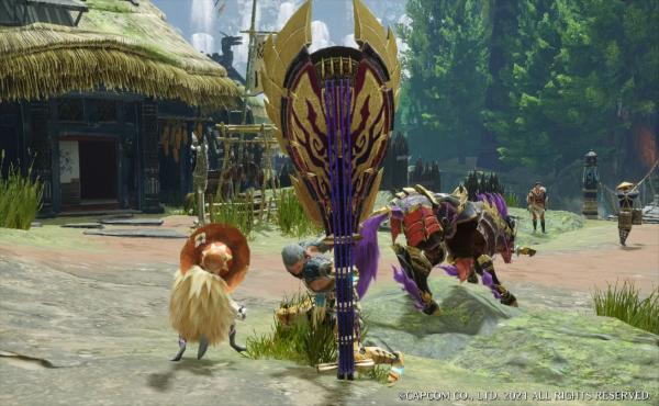 Un jugador posa con su cornamusa en Monster Hunter: Rise.