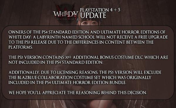 El distribuidor aclara: los propietarios de la versión de PS4 no podrán optar por una actualización gratuita a la versión de PS5, debido a las múltiples diferencias de contenido entre una versión y otra. Adicionalmente, los trajes de colaboración con BlazBlue no estarán en PS5 debido a cuestiones de licencia.