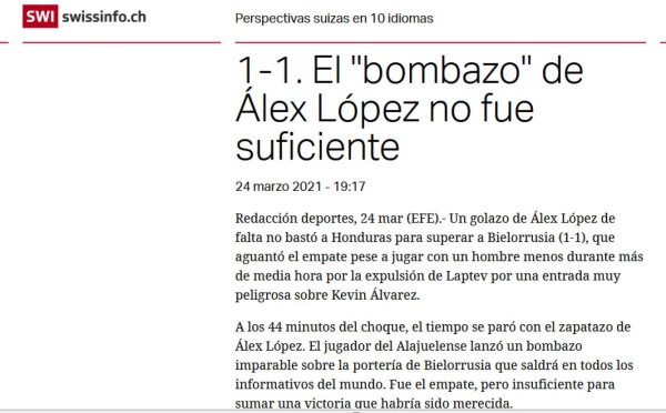 Prensa Internacional elogia a Alex López por su golazo en el empate de Honduras ante Bielorrusia