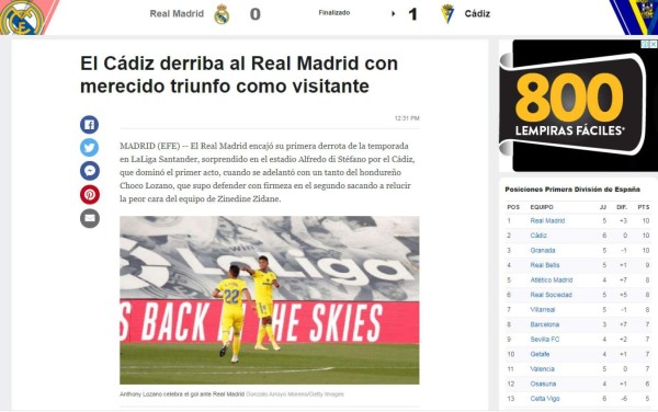 Lo que dijo la prensa mundial sobre el triunfo del Cádiz ante Real Madrid gracias al 'Choco' Lozano