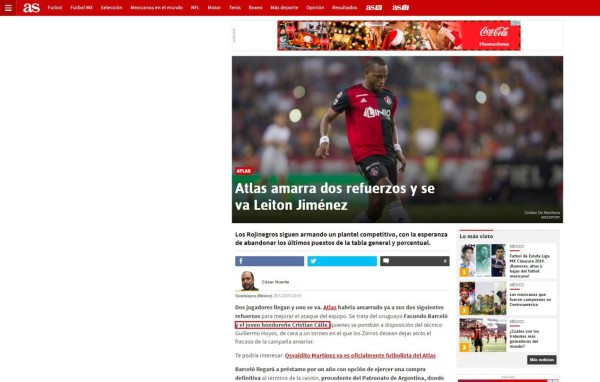 Lo que dicen los medios mexicanos de Cristian Cálix al ser fichado por Atlas