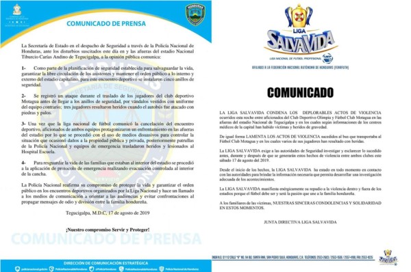 Comunicados de la Policía y Liga Nacional Nacional después de trágica noche en Tegucigalpa