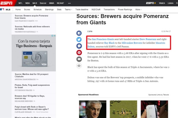 La prensa de EUA hace eco del traspaso de Mauricio Dubón a Giants