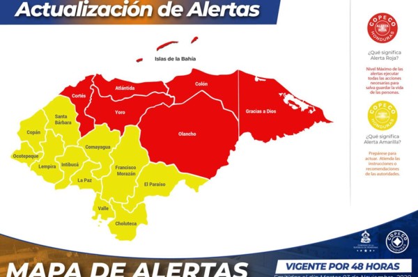 Honduras decreta alerta roja en dos departamentos más por huracán Eta