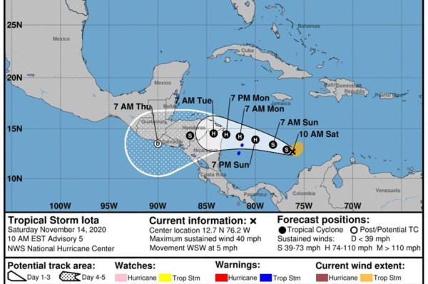 Tormenta Tropical Iota cambia de trayectoria y estará ingresando por el departamento de El Paraíso