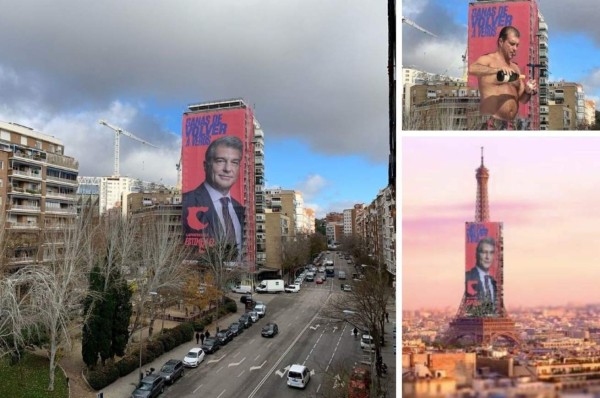 Barcelona: Laporta coloca un cartel gigante frente al Bernabéu y las redes estallan con memes