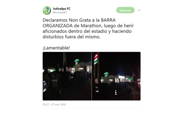 Juticalpa reprocha agresión de la barra del Marathón a sus aficionados y los declaran 'non grato'