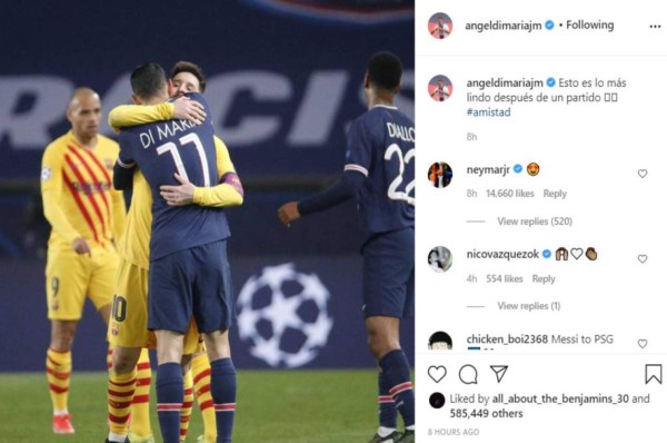 La dedicación especial de Ángel Di María a Lionel Messi en Instagram que reaccionó Neymar