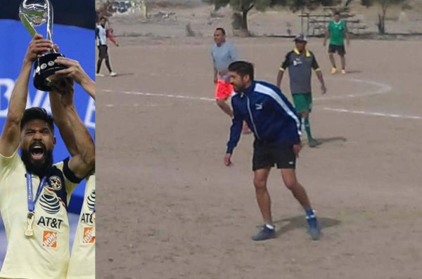 Captan a Oribe Peralta jugando en una cancha de tierra con aficionados