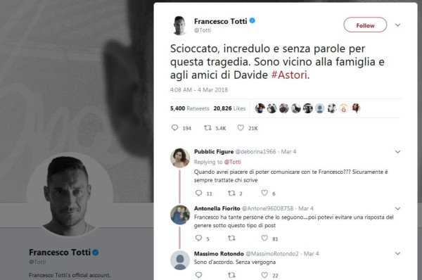 Los mensajes de condolencias a Davide Astori que comandan Totti, Buffon y Pirlo