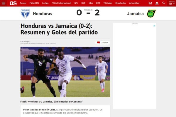 'Da pena', 'desastre' y 'ridículo': lo que dicen los medios nacionales e internacional de la derrota de Honduras ante Jamaica