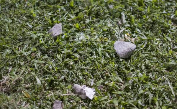 Las piedras que quedaron en la grama del estadio Morazán tras la sangrienta pelea.