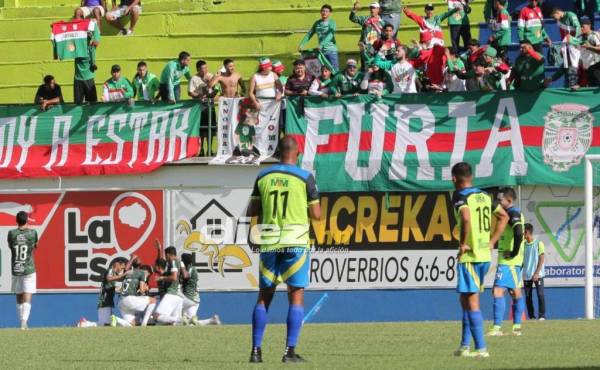 Así celebró Marathón su gol ante Olancho FC. Foto: David Romero.