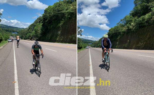 Dos corredores dando su máximo esfuerzo en la complicada ruta de la segunda etapa de la Vuelta a Honduras 2022.