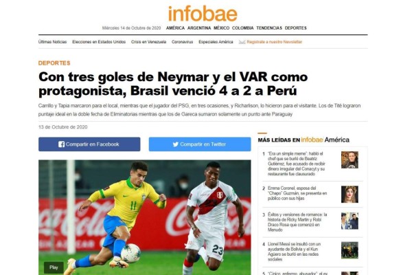 'Árbitro ratero y robo': Así reaccionó la prensa peruana tras del polémico partido ante Brasil&nbsp;&nbsp;&nbsp;&nbsp;