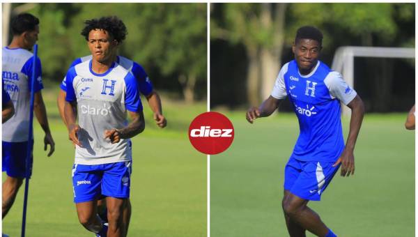 Cristian Sacaza (Honduras Progreso) y Wesly Decas (Motagua) durante el entrenamiento de la Selección de Honduras en San Pedro Sula.