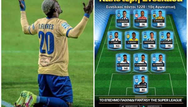 El futbolista hondureño Deiby Flores figurando en el 11 ideal de la jornada 10 de la Super Liga de Grecia.