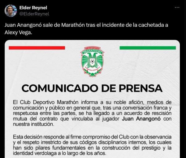 Prensa deportiva se pronuncia tras la salida de Anangonó del Marathón: una determinación muy acertada