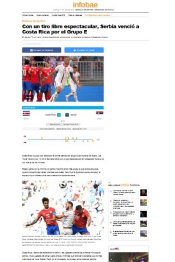 Prensa de Costa Rica: 'Se apaga la ilusión de los octavos en Rusia'