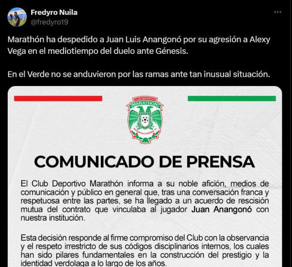 Prensa deportiva se pronuncia tras la salida de Anangonó del Marathón: una determinación muy acertada