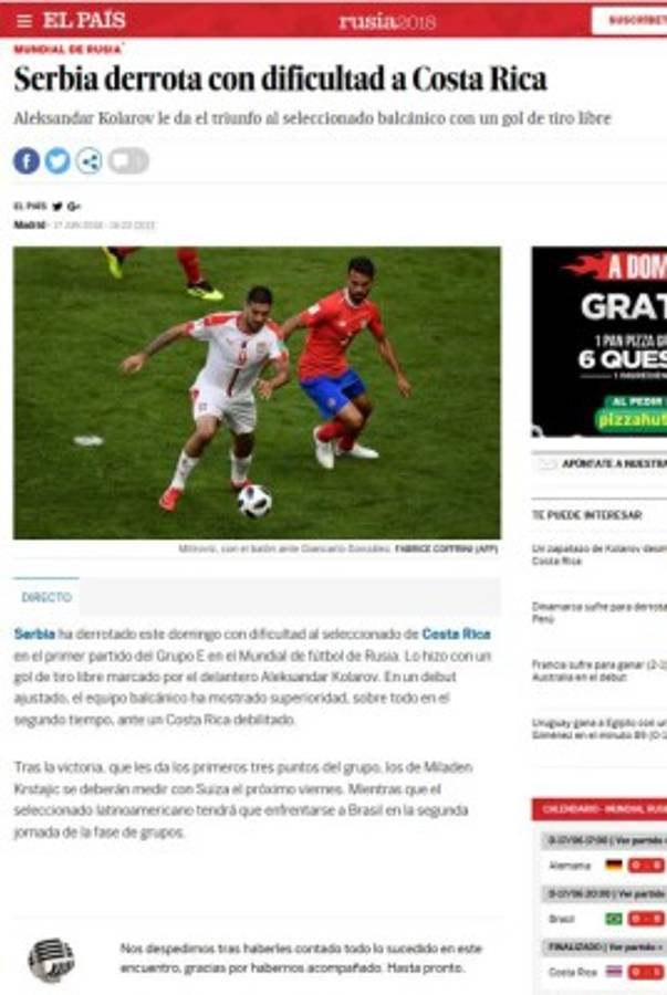 Prensa de Costa Rica: 'Se apaga la ilusión de los octavos en Rusia'