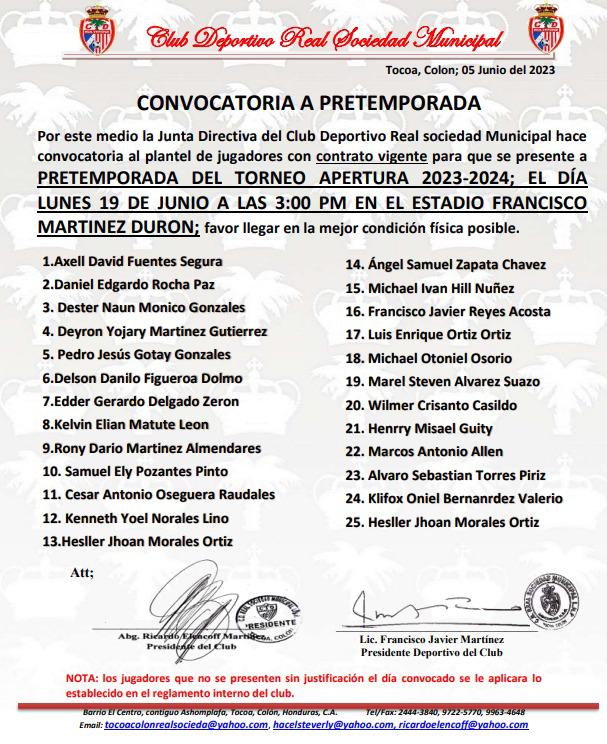 Con Dester Mónico y Deyron Martínez incluidos, Real Sociedad oficializa fecha de inicio de pretemporada de cara al Apertura 2023