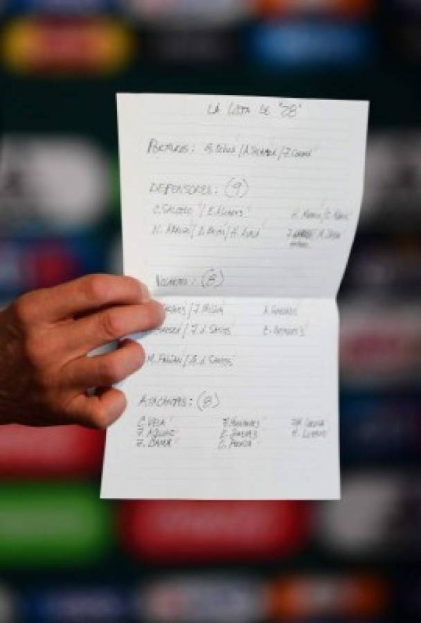 The coach of Mexico's national team football, Colombian Juan Carlos Osorio, shows the preliminary list of players for the FIFA 2018 World Cup, during a press conference at the High Performance Centre in Mexico City, on May 14, 2018. / AFP PHOTO / Pedro PARDO