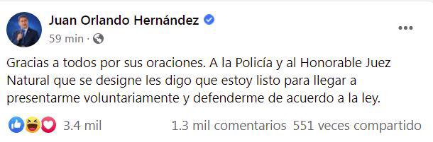 Juan Orlando Hernández anuncia que se entregará voluntariamente ante un juez por su caso de extradición