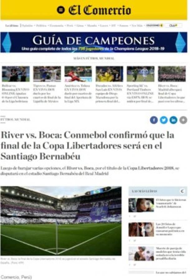 La final de la Copa Libertadores en el Bernabéu se roba la portadas del mundo