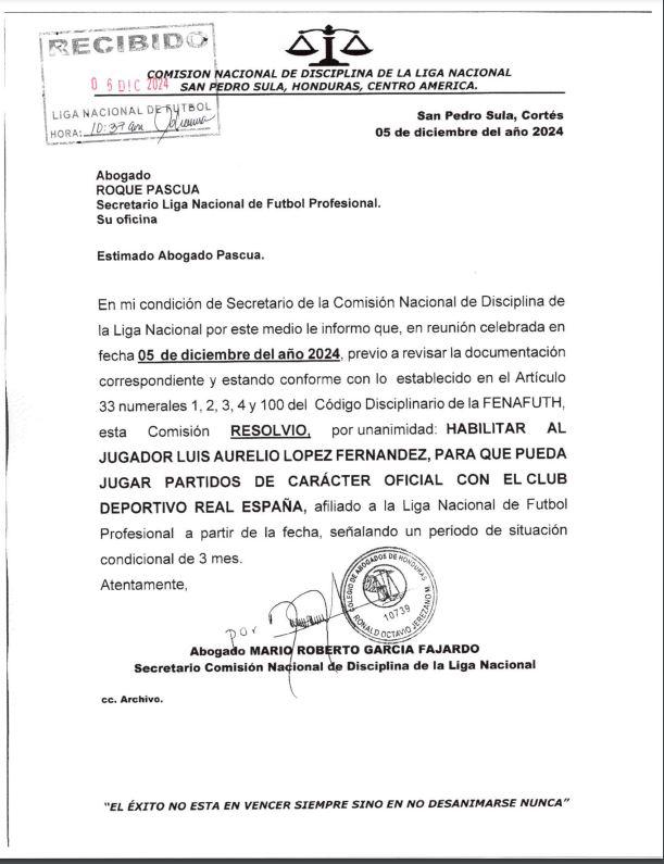 Comisión de Disciplina acepta petición de Real España y habilita de Luis “Buba” López para repechaje de vuelta