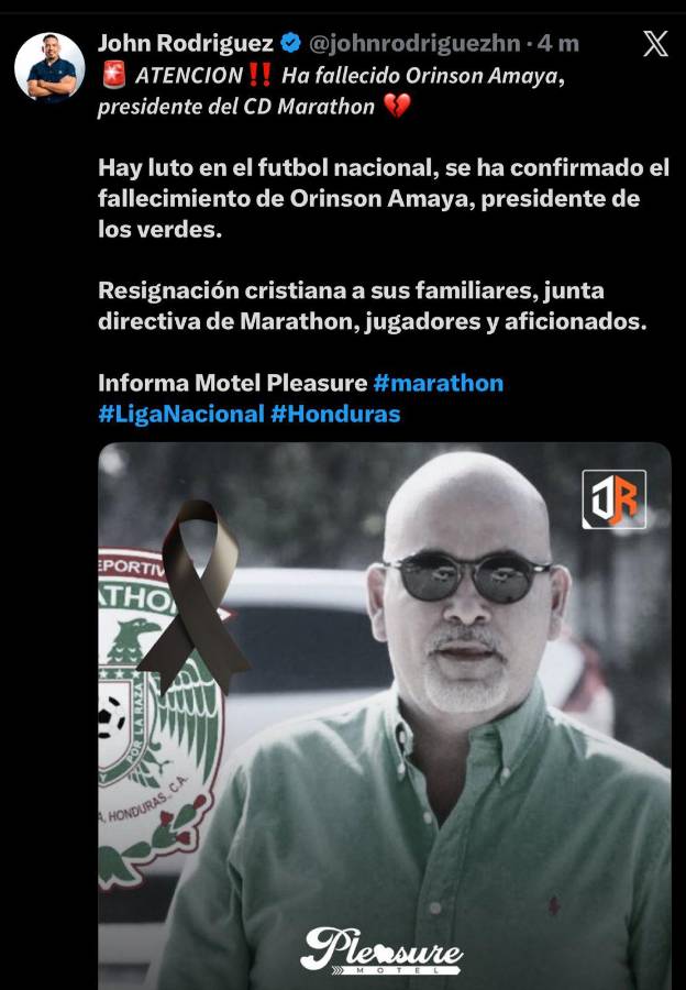 Rely Maradiaga hace promesa: así reacciona la prensa al fallecimiento del presidente de Marathón, Orinson Amaya: Eterno