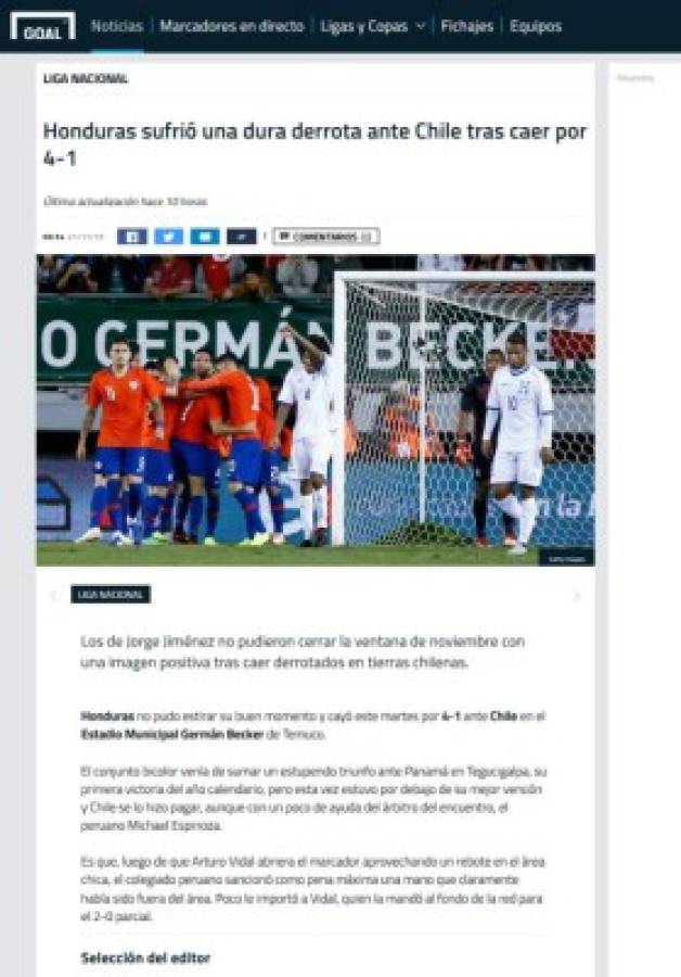 Prensa internacional: 'Polémico'y 'ridículo' triunfo de Chile ante Honduras