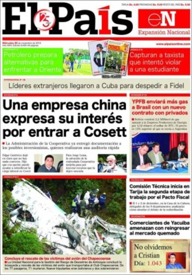 PORTADAS: ¡El mundo llora la tragedia aérea del Chapecoense!