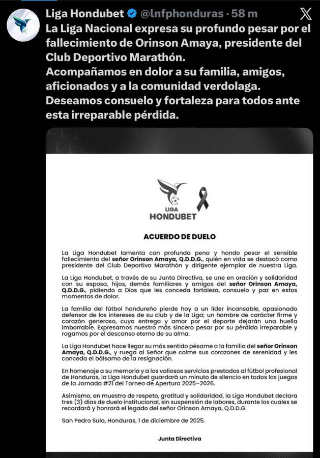Pachuca y los equipos de la Liga Nacional despiden al presidente de Marathón, Orinson Amaya: Permanecerá en nuestros corazones