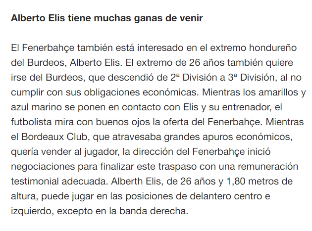 Así detalla el medio SporArena la operación del Fenerbahce por el fichaje de Alberth Elis.