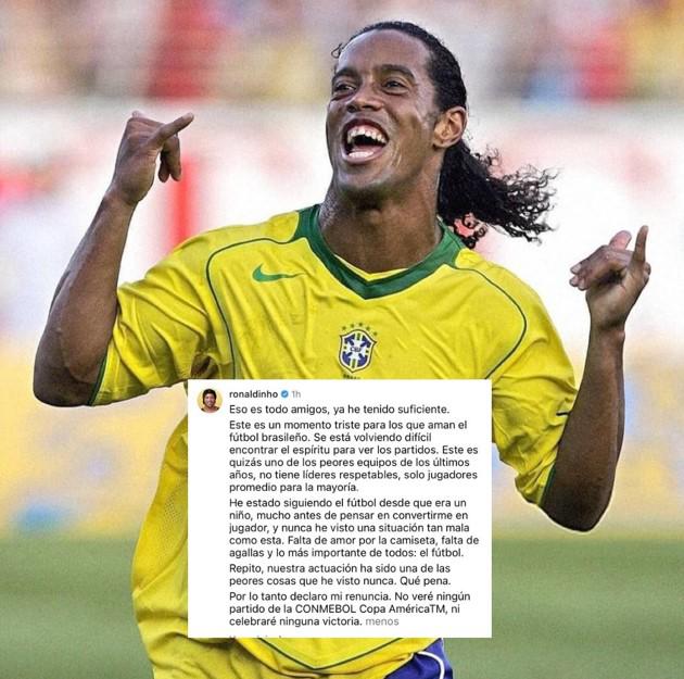 El posteo de Ronaldinho en Instagram criticando a Brasil.