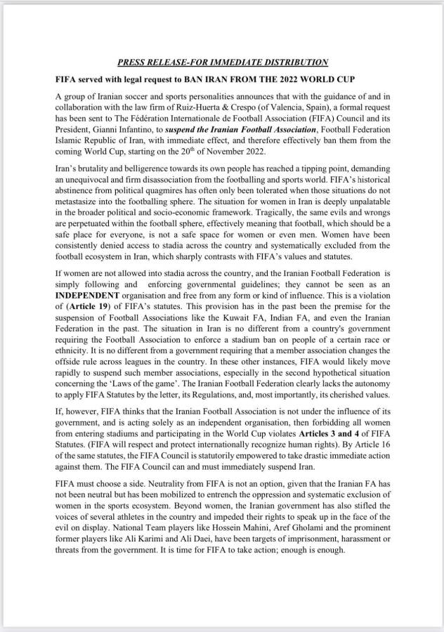 Inesperado ¿Por qué llegó a FIFA una solicitud para descalificar a Irán del Mundial de Qatar 2022?