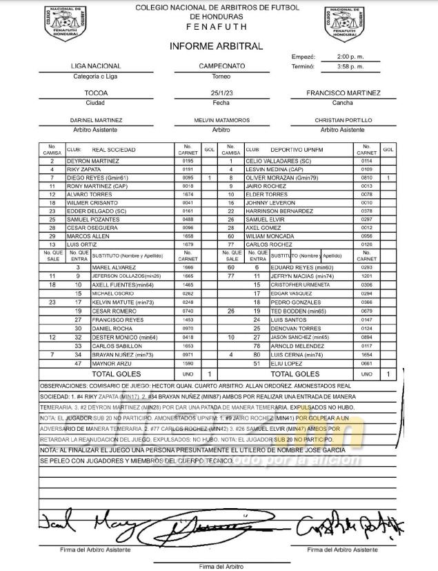 Acta arbitral del Real Sociedad (1-1) Lobos UPNFM.