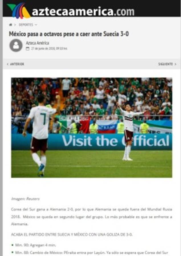 Así ve la prensa mundial el pase de México a los octavos de Rusia 2018